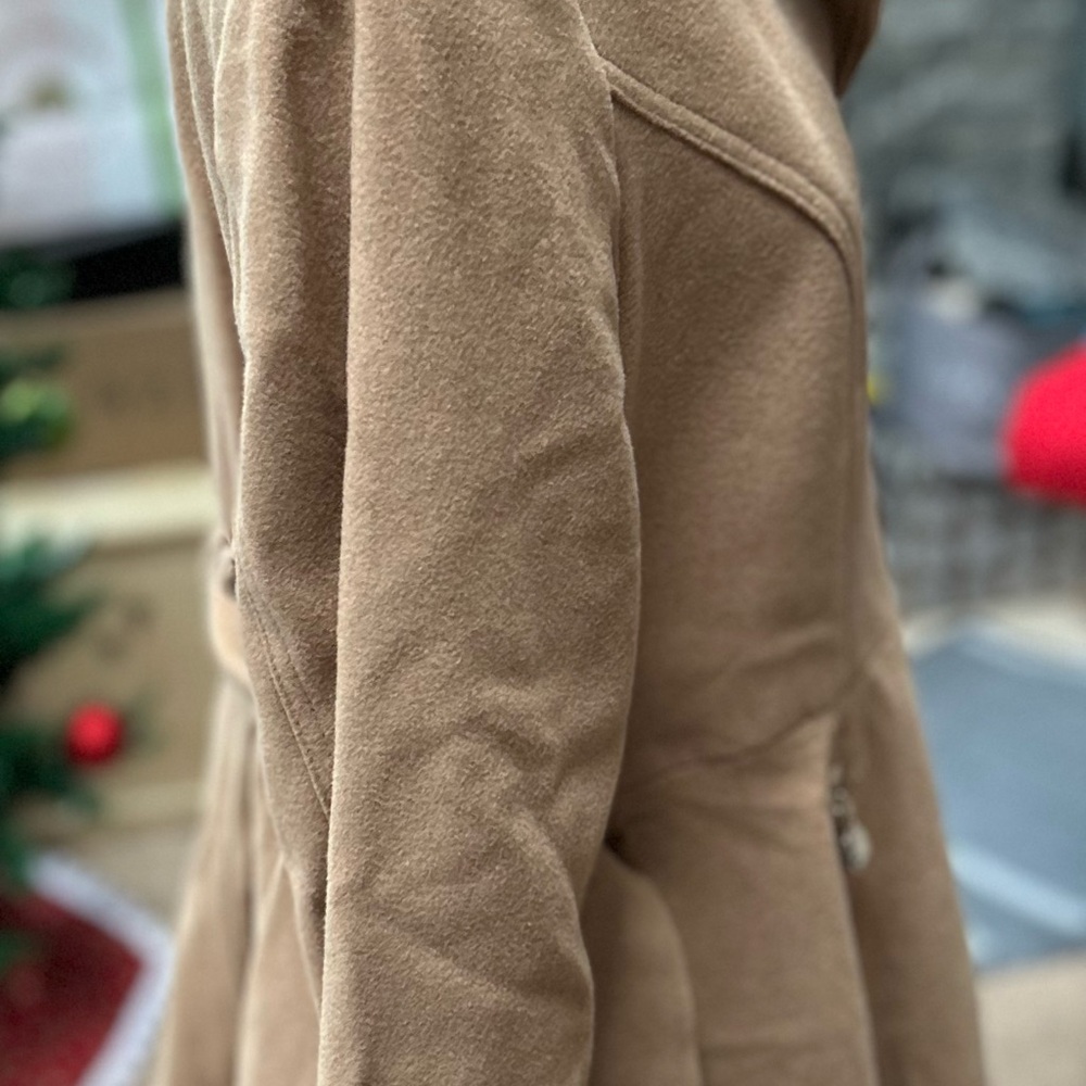 INC wool flare coat. Has belt, zipper pockets.